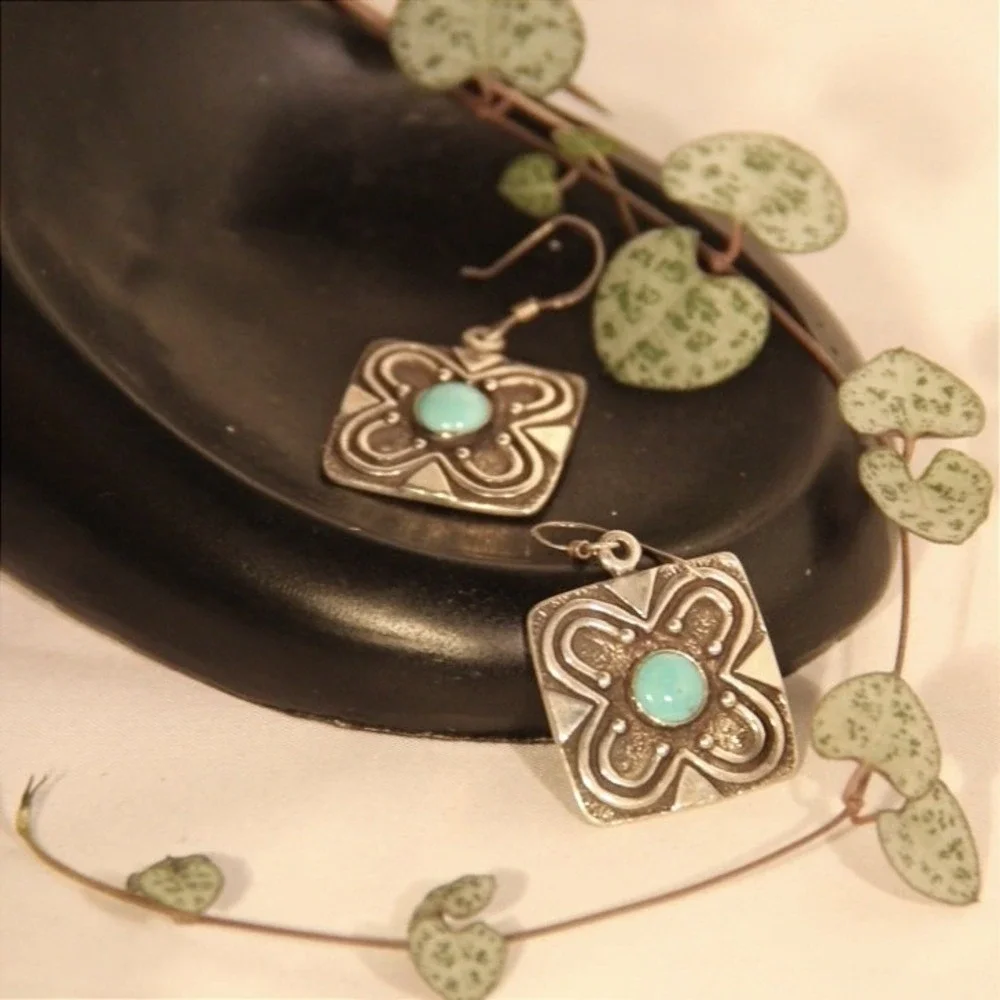 Vintage Sterling Silver 925 Turquoise Square Floral Drop Earrings French Hook - Picture 2 of 7
